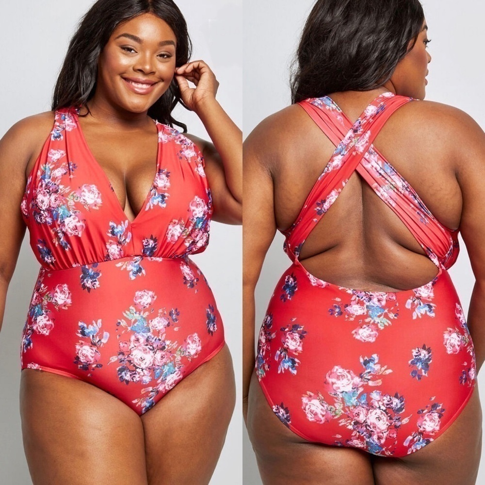 ModCloth Lauren Floral Plunge One Piece Swimsuit‎ Size 1X